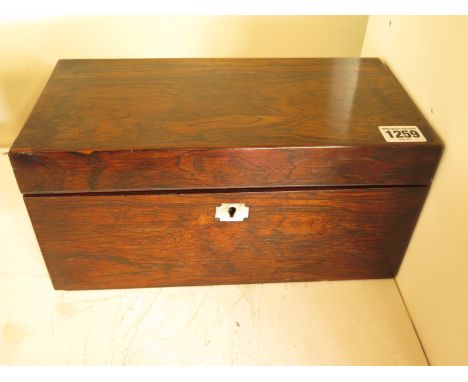 A rectangular rosewood tea caddy, fitted interior, missing glass bowl - 30cm x 15cm x 15cm high - with mother of pearl escutc