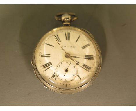 A silver cased pocket watch with Roman numerals to white enamel dial, subsidiary seconds at 6 o'clock, movement engraved comp