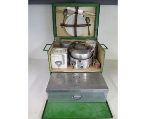 A Sirram picnic hamper fitted withy kettle, burner, tea pot, cups and saucers, a metal sandwich tin, tea and sugar tin - teap