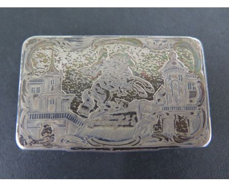 A Russian Niello work silver snuff box depicting St Petersburg - Width 7.5cm - weight approx 2.4 troy oz - generally good, so