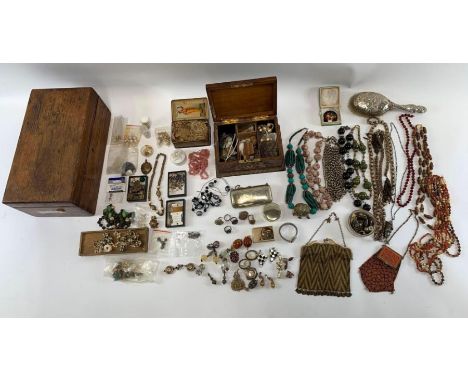 An interesting collection of vintage costume jewellery, to include bead neckalces; some silver jewellery, jewellery making ma