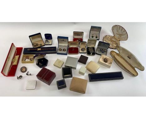 A collection of silver and costume jewellery to include cufflinks, brooches and other items; also a number of empty vintage a