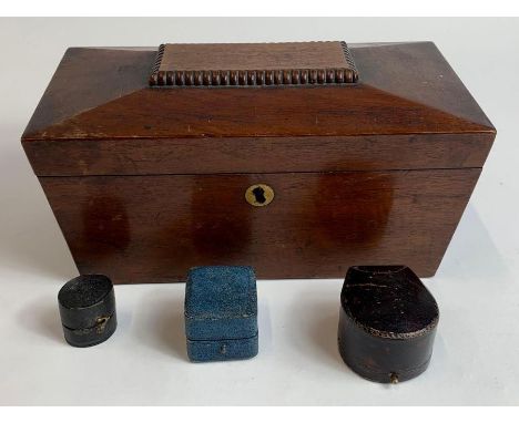 A 19th century mahogany tea caddy, along with three jewellery boxes