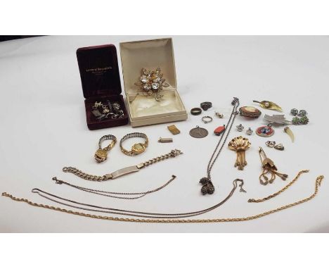 Two vintage Kramer costume brooches, various silver charms, a silver bracelet and other items 