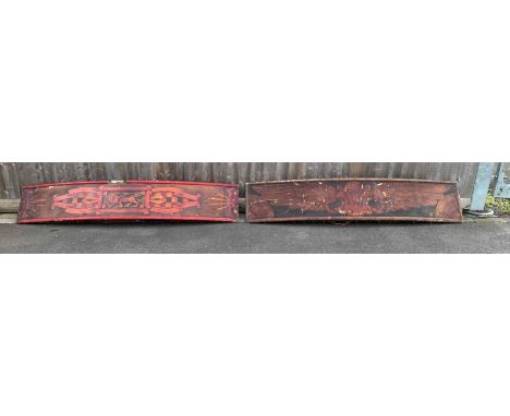Fairground Interest: Two vintage fairground hand painted artwork side panels, 213cm long, 38cm wide 