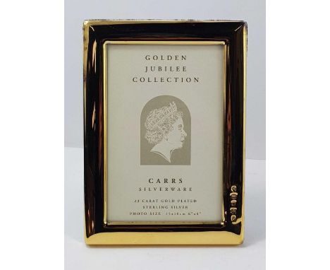 A Carrs 23 carat gold plated silver rectangular photograph frame, from the Golden Jubilee Collection, 6" x 4", with brown vel