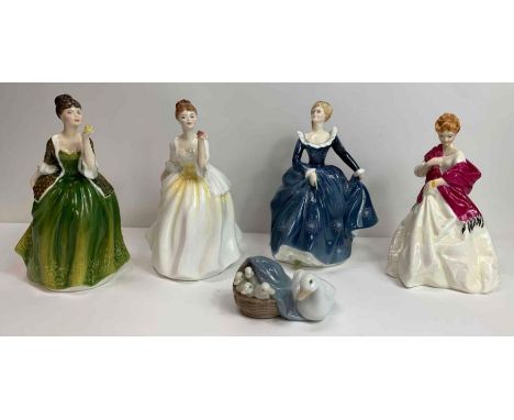 A collection of three Royal Doulton figures of females, along with a Worcester figure and a Lladro model of geese 