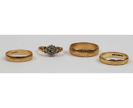 A 9ct gold patterned wedding ring, finger size U 1/2; two other 9ct gold wedding rings; and a 9ct gold diamond cluster ring, 