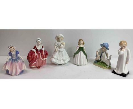 A collection of four Royal Doulton figures of girls, along with two Royal Worcester figures of children playing