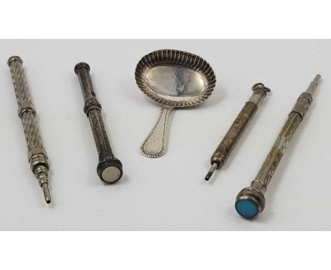 A silver caddy spoon, Hillard &amp; Thomson, Birmingham, 1899; together with a S Mordan &amp; Co pencil, a silver pencil and 