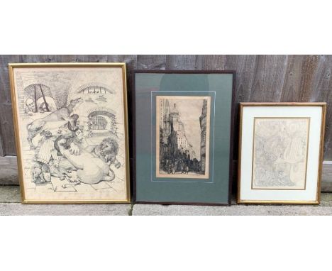 A 20th century etching signed lower right, along with Dewtuszynski print and Ronnie Copas signed print, various sizes 