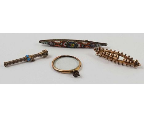 A vintage micro mosaic brooch; a 9ct gold brooch, 2.67g gross; a photo locket pendant and a miniature propelling pencil set w