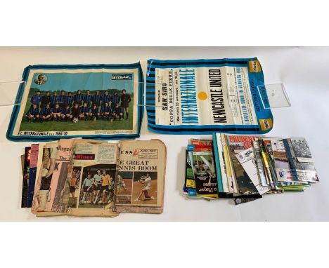 A collection of sporting/football memorabilia including an Inter Milan Vs Newcastle poster and various football and cricket p