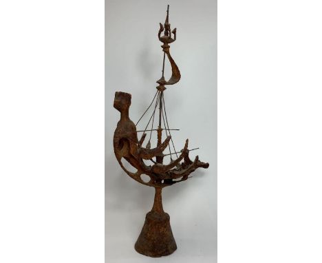 An unusual mid century terracotta and brass model of gallon ship, 68cm high, 37cm long 
