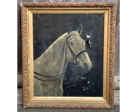 A 19th century oil on canvas of a grey horse, in a gilt frame, 74cm x 62cm This horse was one of the last horses to pull a st