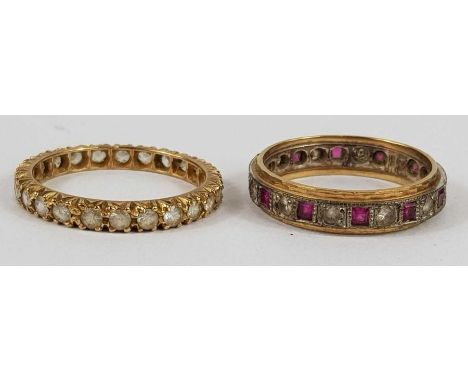 A 9ct gold synthetic ruby and synthetic spinel full eternity ring, finger size Q, 3.16g gross; and white stone full eternity 