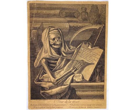 Memento Mori. [The State of Death], l'état de la mort, copper engraving of a skeleton writing with an arrow, heavy laid/chain