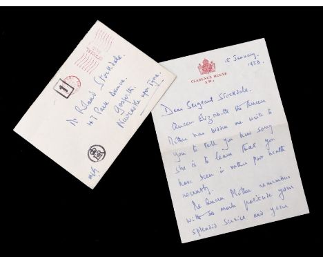 A letter sent on behalf of Queen Elizabeth The Queen Mother to Sergeant Stockdale, offering her thoughts and good wishes on l