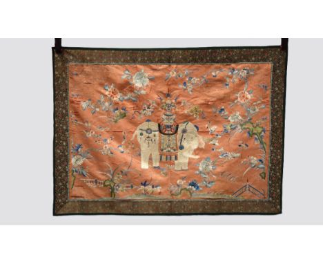 Chinese silk embroidered panel, late 19th century, 41in. X 29in. 104cm. X 74cm. The light terracotta silk ground embroidered 