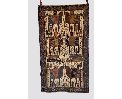 Afghan Baluchi pictorial rug, north west Afghanistan, modern production, 6ft. 5in. X 3ft. 9in. 1.96m. X 1.14m. The cream fiel