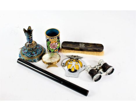 Works of art to include cloisonné enamel candlestick and beaker, pair of opera glasses, ebonised cylindrical ruler, Swiza Cal