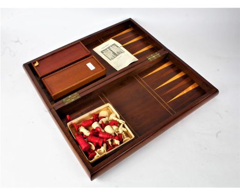 Specimen wood chess and backgammon board, the hinged board with a backgammon board inlaid to the interior, together with 19th