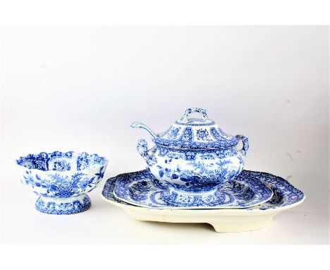 19th century Spode 'Filigree' soup tureen and cover, together with two matching meat plates and pedestal bowl, with a ladle s