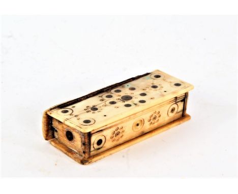 Napoleonic prisoner of war bone snuff box, with match striker to the spine, 9.5cm long