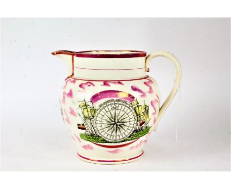 Large 19th century Sunderland lustre jug of maritime interest, one side depicting a mariner's compass with sailing ships, cen