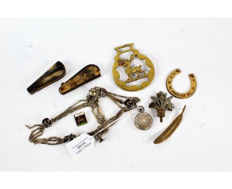 Mixed works of art, to include two 19th century horn and steel bladed fleams, a Continental silver fob watch, a white metal n