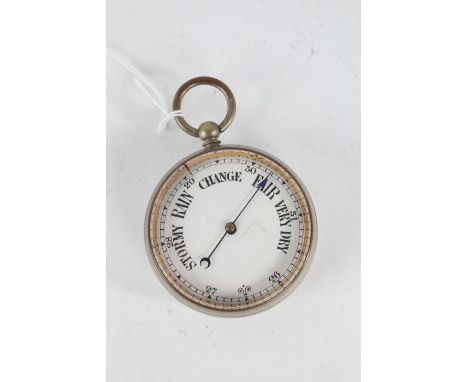 20th century chrome cased pocket barometer, with white enamel dial, 6cm diameter