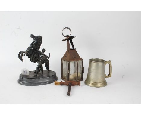 Spelter model of a Marley horse, together with a corkscrew, a small glass and metal lantern and a tankard with inscription (4