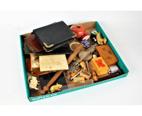 Mixed works of art, to include enamel matchbox holder, papier mache box and cover, magnifying glass, small wooden boxes, leat