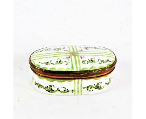 18th century South Staffordshire enamel snuff box, of oval form, painted with green leaves on a white ground, 7cm wide