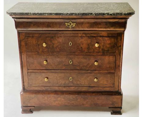 HALL COMMODE, 19th century French Louis Philippe burr walnut and gilt metal mounted with four long drawers and St Annes varie