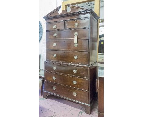 CHEST ON CHEST, George III mahogany with an architectural pediment over two short and six long drawers, 102cm x 58cm x 202cm 