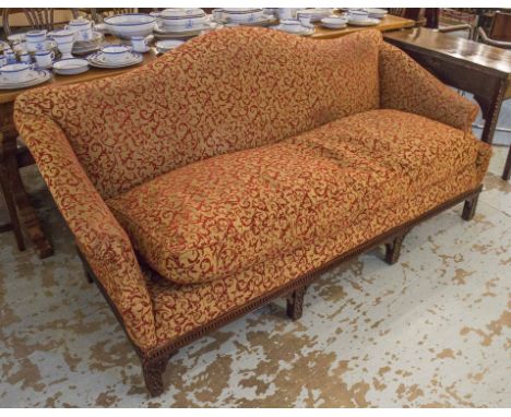 SOFA, George III style mahogany with camel back and seat cushion in red patterned chenille, 203cm W. (with faults)