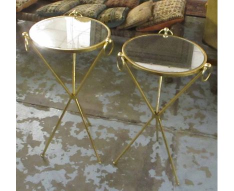 OCCASIONAL TABLES, two similar gilt metal framed, each with a circular mirrored top and ring handles, 38cm x 77cm H and 38cm 