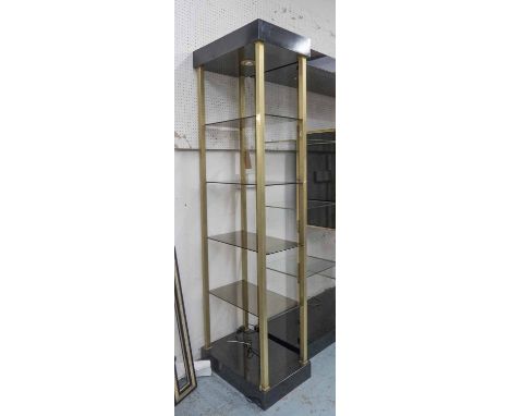 DISPLAY SHELVES, vintage 1960's French brass with ebonised detail, 40cm x 60cm x 200cm.