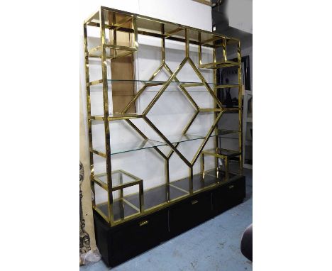 DISPLAY SHELVES, vintage 1960's French with ebonised drawers to base, 200cm x 50cm x 216cm.