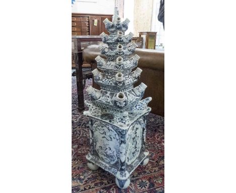 PYRAMID TULIP VASE, Delft style blue and white ceramic, 93cm H x 29cm.
