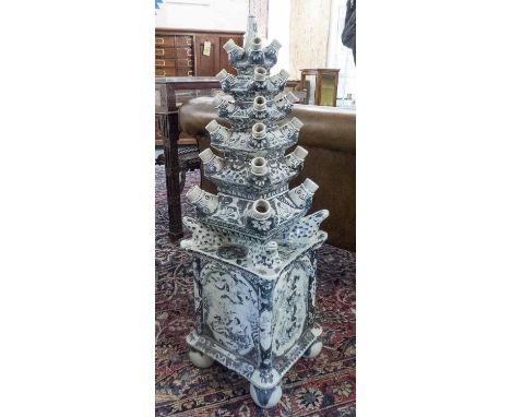 PYRAMID TULIP VASE, Delft style blue and white ceramic, 93cm H x 29cm.