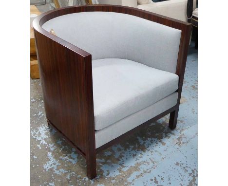 TUB CHAIR, Art Deco style Macassar ebony wood in light grey upholstery, 77cm W.