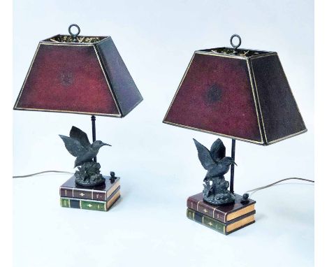 KINGFISHER LAMPS, a pair, by Maittand Smith and book base and leather lamp shade, 65cm H. (2)