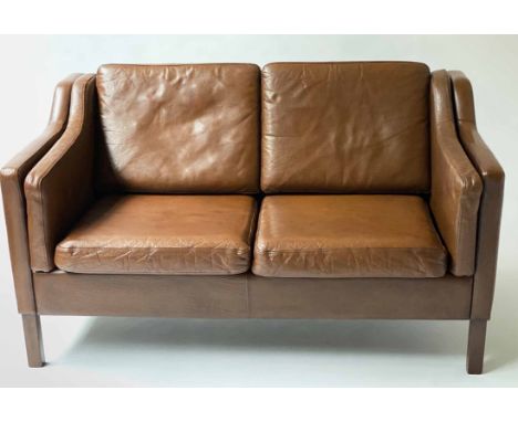 SOFA, 1970's Danish hand finished and stitched mid brown leather with two seat cushions, 138cm W.