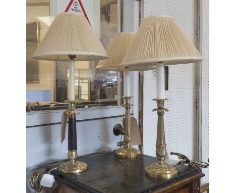 BESSELINK &amp; JONES LAMP, 59cm H including shade and another pair of brass lamps, each 57cm H including shades. (3)