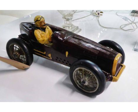 MODEL RACING CAR, vintage scaled down design, authentic stylised finish with metal spoke wheels, 47cm x 20cm x 21cm H.