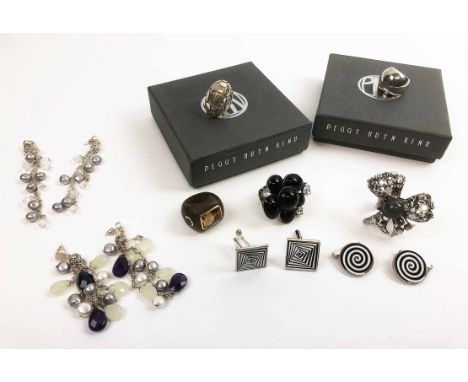 PEGGY HUYN KINH, Turtle ring, and one other, two pairs of cufflinks, also two rings by Phillipe of Paris, two pairs of ear dr