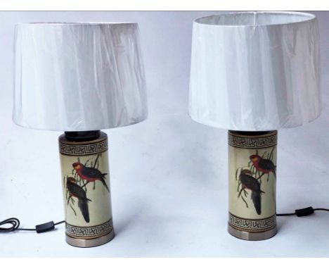 LAMPS, a pair, drum form ceramic with birds of Paradise and gilt border with shades, 70cm H. (2)