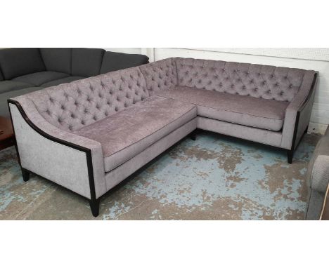 CORNER SOFA, contemporary design buttoned back in grey upholstery with sloping arms and ebonised frame, 197cm x 252cm x 78cm.